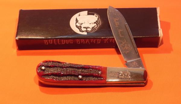 2007 Bulldog Brand, HAND MADE 2 Blade Barlow w Fantastic Red Bone Stag Handles +Blade Etch +Orig Box 2007 Bulldog Brand, HAND MADE 2 Blade Barlow w Fantastic Red Bone Stag Handles +Blade Etch +Orig Box