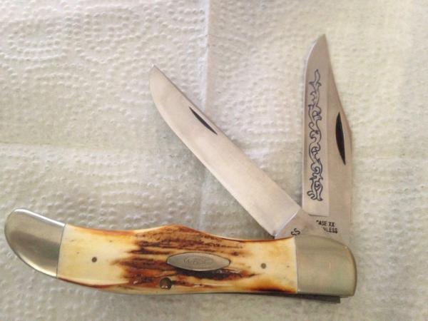 Case XX Stainless USA 6265 SAB SSP three dots; stag handle; engraved scroll Case XX Stainless USA 6265 SAB SSP three dots; stag handle; engraved scroll
