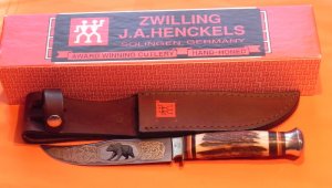J A Henckels Fixed Blade Display Hunter w/ Deer Stag Handles + Gold Scroll & Black Bear Blade Etch