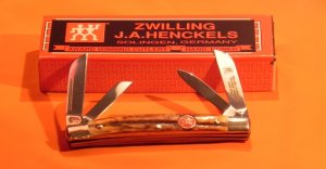 Vintage, NOS, J A Henckels 4 Blade Congress Knife w/ Nice Stag Handles w/ Red Shield +Orig Box