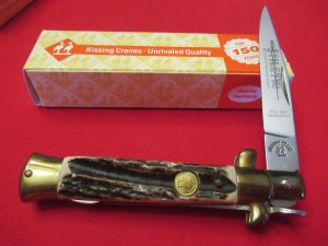 Kissing Crane Stag Handle Stiletto  Lock Back