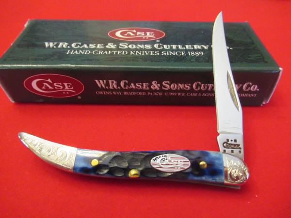 Case XX Tiny Texas Toothpick Amercian Flag Shield  Scrolled Bolsters Blue Bone  Pattern #610096