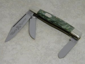 Fight'n Rooster Germany Frank Buster Cutlery Co. Mint Green Perloid Etched Stockman Knife Pre 1982