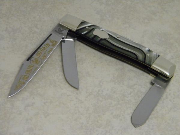 Fight'n Rooster Germany Celebrated Black & Silver Swirl 1988 "No Pain No Gain" Stockman Knife