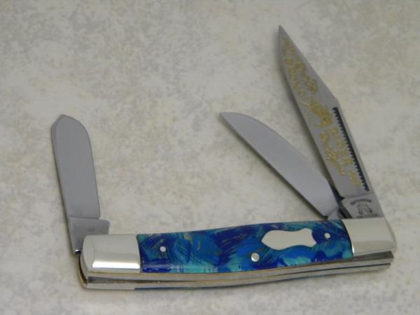 Fight'n Rooster Germany Celebrated Blue Feathers "Bronc Rider" Stockman Knife c.1993