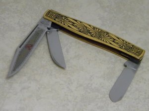 Fight'n Rooster Germany Celebrated Gold Plated Metal Color Etched 3 Blade Stockman Knife