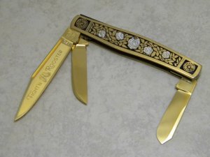 Fight'n Rooster Frank Buster Cutlery Co. Germany Gold Plated Climbing Rose Stockman Knife Pre 1982