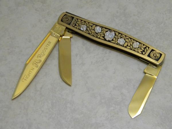 Fight'n Rooster Frank Buster Cutlery Co. Germany Gold Plated Climbing Rose Stockman Knife Pre 1982 Fight'n Rooster Frank Buster Cutlery Co. Germany Gold Plated Climbing Rose Stockman Knife Pre 1982