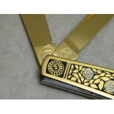 Fight'n Rooster Frank Buster Cutlery Co. Germany Gold Plated Climbing Rose Stockman Knife Pre 1982 Fight'n Rooster Frank Buster Cutlery Co. Germany Gold Plated Climbing Rose Stockman Knife Pre 1982