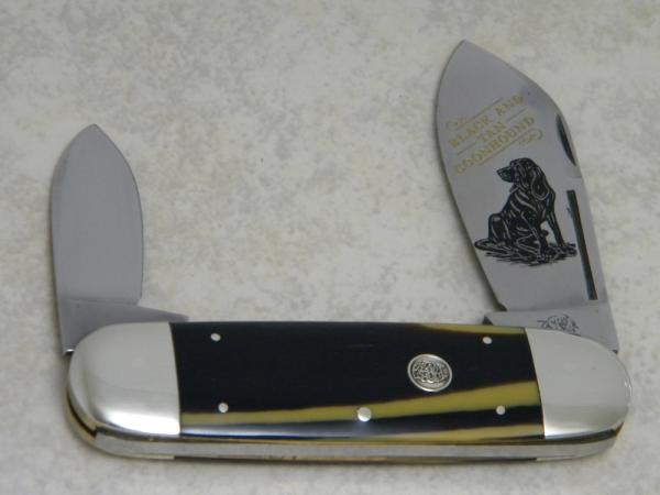 Bulldog Brand Germany Coon Stripe Celluloid "Black and Tan Coonhound" Elephant Toe Knife c.1995 Bulldog Brand Germany Coon Stripe Celluloid "Black and Tan Coonhound" Elephant Toe Knife c.1995