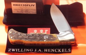 J A Henckels (HK-135-FLIV) Folding Hunter Pocket Knife with Fossil Ivory Bone Handles -NOS +Orig Box