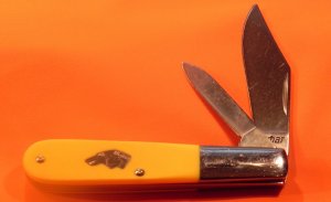 Vintage Ka-Bar Barlow Pocket Knife with Yellow Derlin Handles +Dog Head Shield -NOS w/ some markings