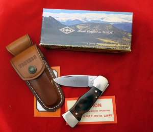 Western USA S-532 "A" Wood Westlock Lockback Knife w Sheath in Box 1977 "PAT. PEND." First Year