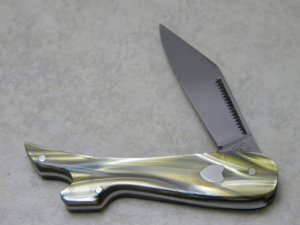 Bulldog Brand Germany Celluloid Lady's Leg Knife with Heart Shield c.1995