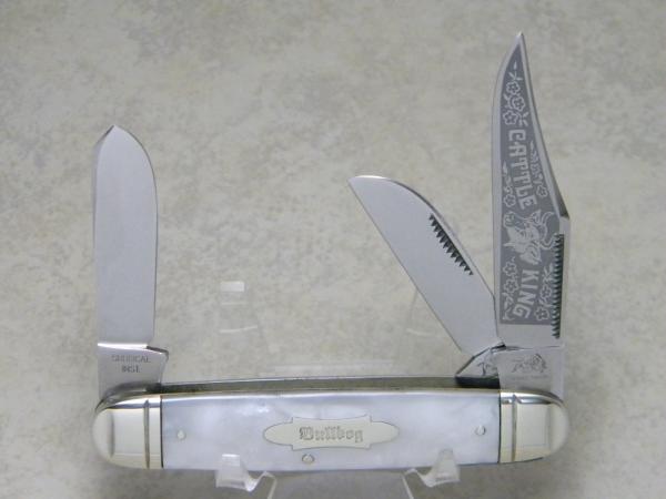 Bulldog Brand Germany Imitation Pearl "Cattle King" Equal End Stockman Knife - Bulldog Bowtie Shield Bulldog Brand Germany Imitation Pearl "Cattle King" Equal End Stockman Knife - Bulldog Bowtie Shield