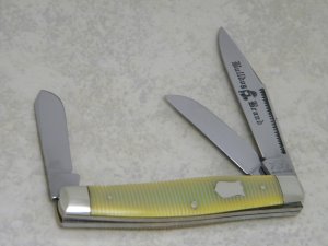 Bulldog Brand Germany Green & Yellow Stripe "Bulldog Brand" Etch Stockman Knife c.1994