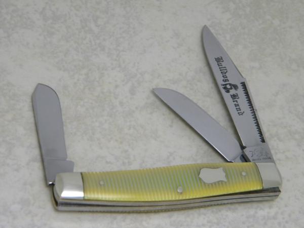 Bulldog Brand Germany Green & Yellow Stripe "Bulldog Brand" Etch Stockman Knife c.1994 Bulldog Brand Germany Green & Yellow Stripe "Bulldog Brand" Etch Stockman Knife c.1994