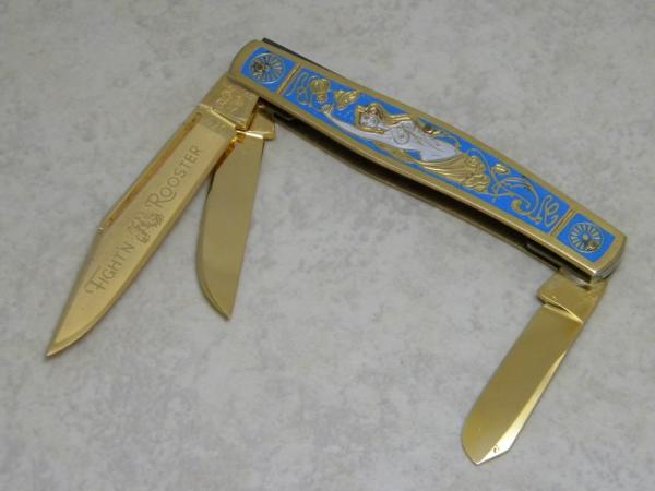 Fight'n Rooster Frank Buster Cutlery Co. Germany Gold Plated Mermaid Stockman Knife Pre 1982