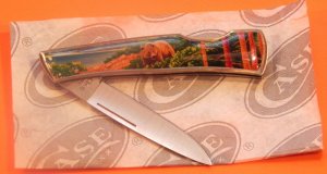 Vintage Case xx 1994 Single Blade Lock Back Pocket Knife w/ a Bear in Wilderness Art Handles- NOS