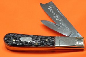 Fight'n Rooster 2 Blade Razor Barlow Pocket Knife  w/ Great Brown Jigged Bone Handles & Blade Etch