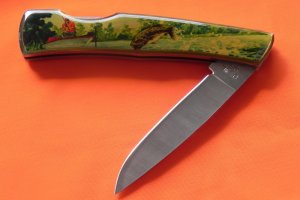 Vintage Case xx 1994 Single Blade Lock Back Pocket Knife w/ Fisherman & Large Mouth Bass Art Handles