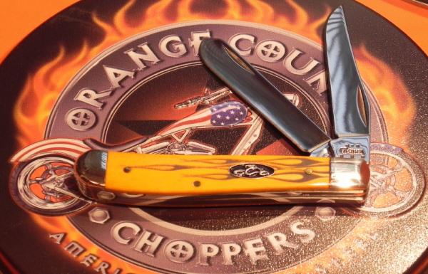Case XX Orange County Choppers Trapper Pocket Knife -Nice Orange w Flames Handles & Rare OC Shield Case XX Orange County Choppers Trapper Pocket Knife -Nice Orange w Flames Handles & Rare OC Shield