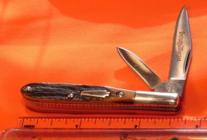 Schatt & Morgan (Queen) Gents Barlow Pocket Knife w/ Great FatBoy Stag Handles & Blade Etch -NOS