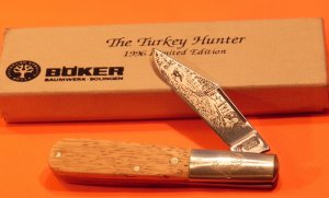1996 Boker Tree Brand 1 Blade Barlow w Wood Handles, Turkey on Bolster and Blade Etch Hunting Scene