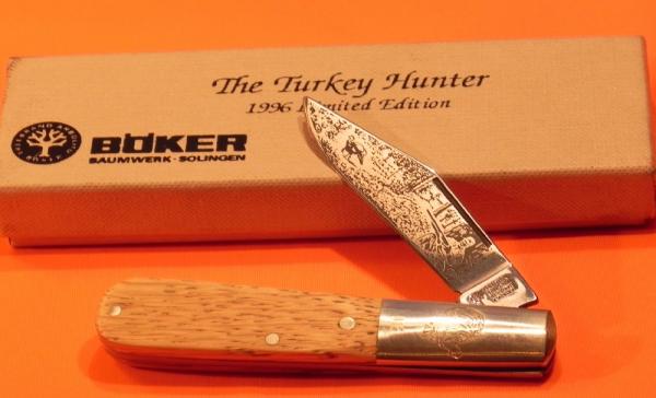 1996 Boker Tree Brand 1 Blade Barlow w Wood Handles, Turkey on Bolster and Blade Etch Hunting Scene 1996 Boker Tree Brand 1 Blade Barlow w Wood Handles, Turkey on Bolster and Blade Etch Hunting Scene