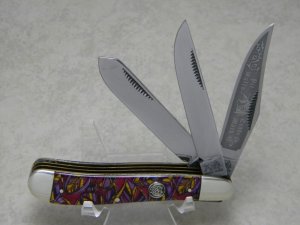 Bulldog Brand Germany Purple Leaf "Pitt Bulls Trade Mark" Etch 3 Blade Dogleg Trapper Knife