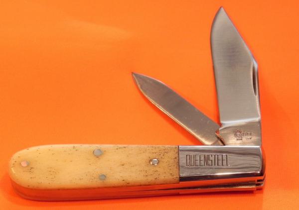 Queen Steel D2 Barlow Pocket Knife w/ Natural Smooth Bone Handles - Q DFC Over USA & 20 Tang Stamp Queen Steel D2 Barlow Pocket Knife w/ Natural Smooth Bone Handles - Q DFC Over USA & 20 Tang Stamp