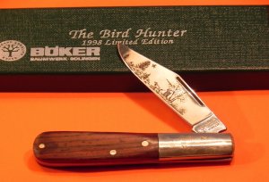 1998 Boker Tree Brand Barlow w Wood Handles (Quail?) Bird on Bolster & Blade Etch Hunting Scene