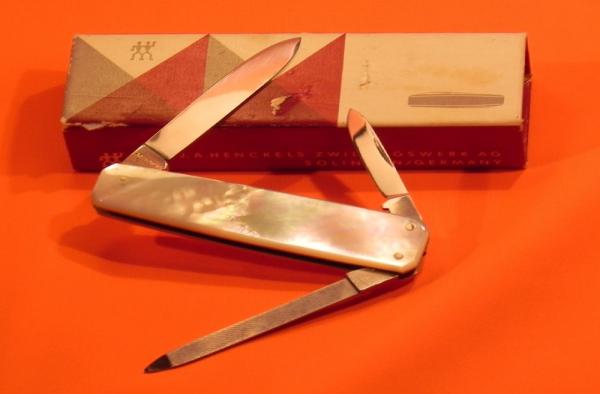 Vint J A Henckels, 2 Blade +File Gentlemens Pocket knife w Fiery Multi-Color Mother of Pearl Handles Vint J A Henckels, 2 Blade +File Gentlemens Pocket knife w Fiery Multi-Color Mother of Pearl Handles