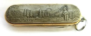 Vintage Barlow Japan Brass Multi-tool w/ Fisherman Scene Nail File Folding Pocket Knfe