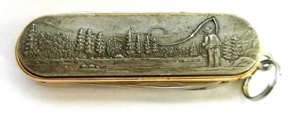 Vintage Barlow Japan Brass Multi-tool w/ Fisherman Scene Nail File Folding Pocket Knfe