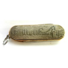 Vintage Barlow Japan Brass Multi-tool w/ Fisherman Scene Nail File Folding Pocket Knfe