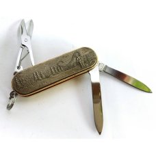 Vintage Barlow Japan Brass Multi-tool w/ Fisherman Scene Nail File Folding Pocket Knfe