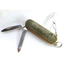 Vintage Barlow Japan Brass Multi-tool w/ Fisherman Scene Nail File Folding Pocket Knfe