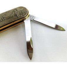 Vintage Barlow Japan Brass Multi-tool w/ Fisherman Scene Nail File Folding Pocket Knfe