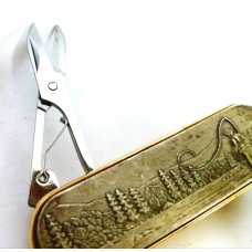 Vintage Barlow Japan Brass Multi-tool w/ Fisherman Scene Nail File Folding Pocket Knfe