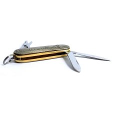 Vintage Barlow Japan Brass Multi-tool w/ Fisherman Scene Nail File Folding Pocket Knfe