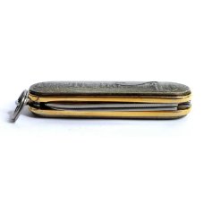 Vintage Barlow Japan Brass Multi-tool w/ Fisherman Scene Nail File Folding Pocket Knfe