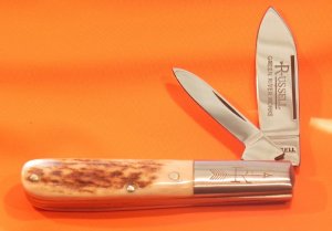 Russell (Green River Works) Barlow Pocket Knife w/ Nice Stag Handles & Blade Etching -NOS