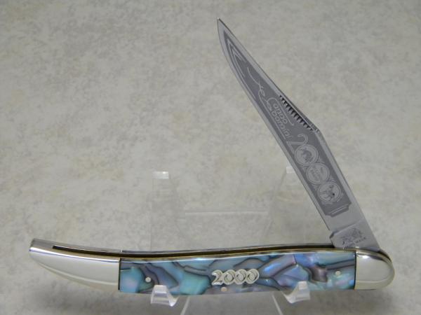 Bulldog Brand Germany Abalone Swirl "Anno Domini 2000" Etch Large Toothpick Knife c.2000 Bulldog Brand Germany Abalone Swirl "Anno Domini 2000" Etch Large Toothpick Knife c.2000