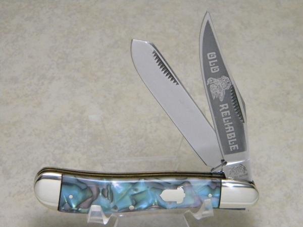 Bulldog Brand Germany Abalone Dogleg Trapper Knife c.1993 - Surgical Inst. - Old Reliable Etch Bulldog Brand Germany Abalone Dogleg Trapper Knife c.1993 - Surgical Inst. - Old Reliable Etch
