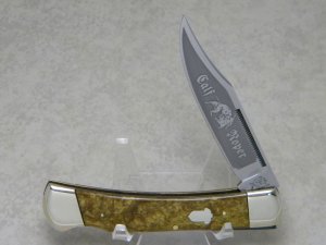 Bulldog Brand Germany Gold Dust Lockback Knife c.1993 - High Carbon Steel - Calf Roper Etch