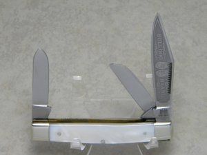 Bulldog Brand Germany Genuine Mother of Pearl "Double Dog Head" Etch Stockman Knife