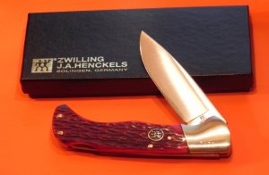 J A Henckels Folding Hunter Pocket Knife with Red Pick Bone Handles -NOS +Orig Box
