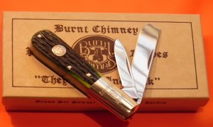 Burnt Chimney (Solingen Germany) Barlow Pocket Knife w Green Pickbone Handles in Hard Cardboard Box