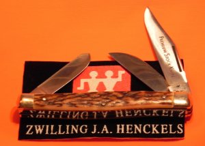 Vint  J A Henckels 3 Blade Stockman "Premium Stock" #190 Pocket Knife -Nice Stag Handles & Etching